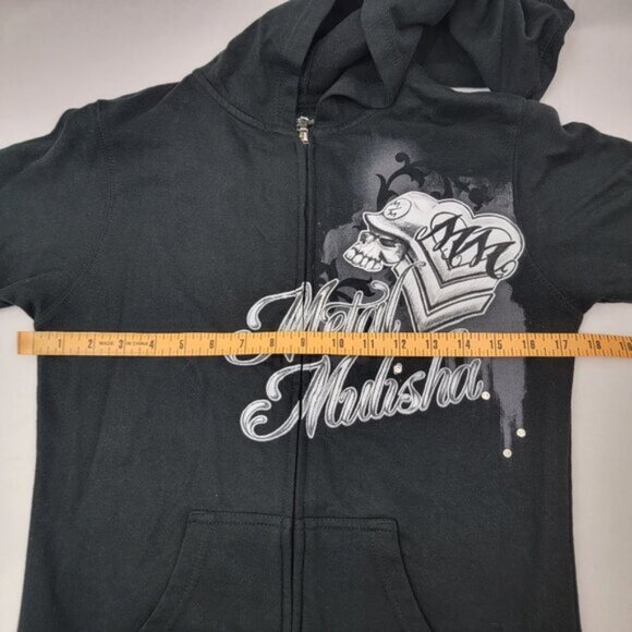 METAL MULISHA Womens Hoodie Sz SMALL Full Zip BLACK Skull Wings Goth Rhinestone - Picture 8 of 13